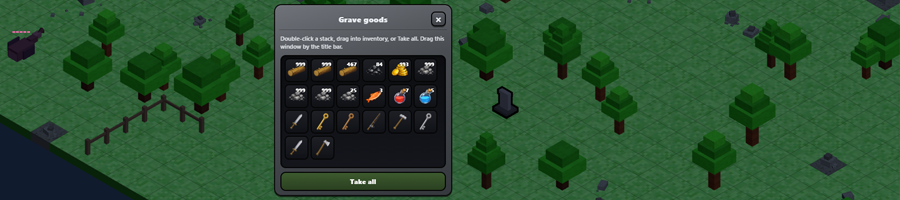 Tombstone on the ground after a wild death with the player returning to loot it.
